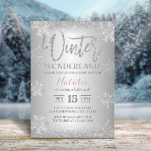 Vinter Wonderland Silver Snöflingor Baby Shower Inbjudningar