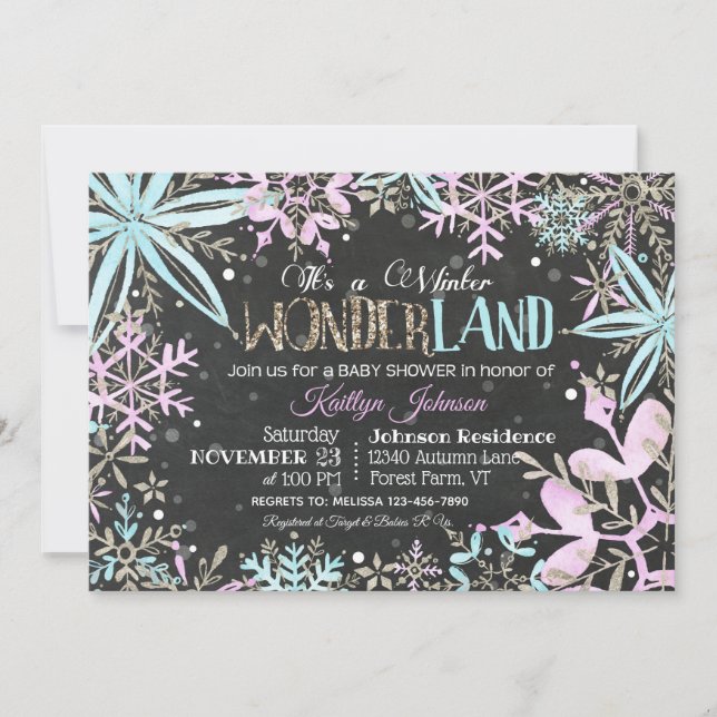 Vinter Wonderland Snöflingor Gnistra Baby Shower Inbjudningar (Framsida)