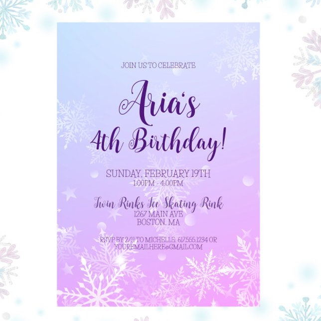 Vinter Wonderland Snowflake Birthday-inbjudan Inbjudningar (Blue & Purple Winter Wonderland Birthday Party Invitation )