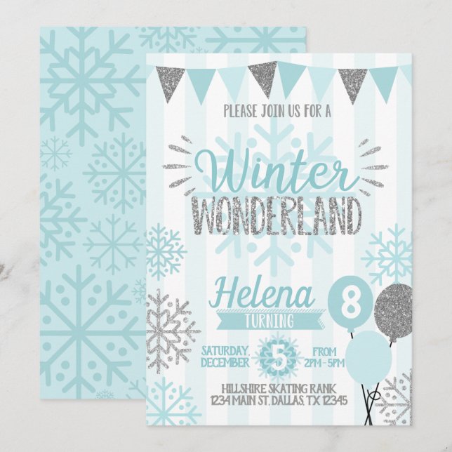 Vinter Wonderland Snowflake Birthday-inbjudan Inbjudningar (Fram/baksida)