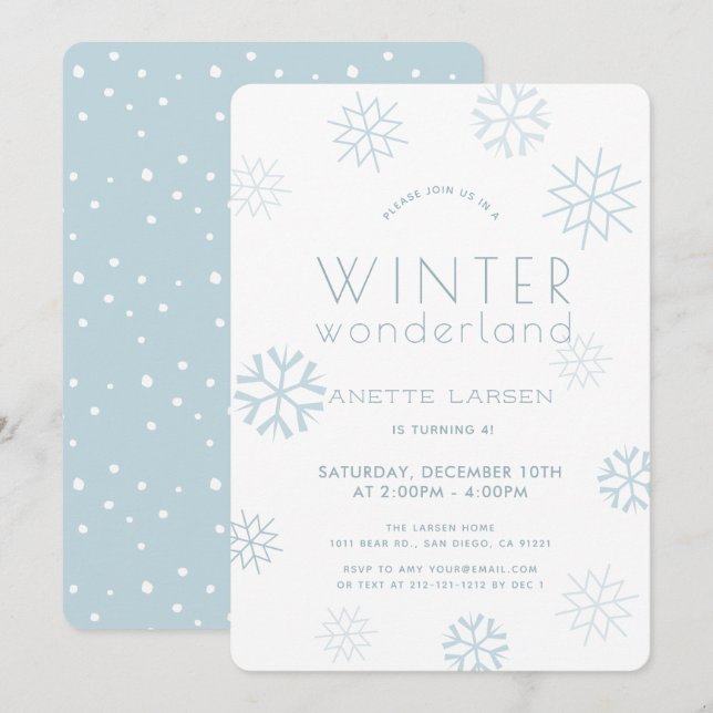 Vinter Wonderland Snowflake Blue Birthday Inbjudningar (Fram/baksida)
