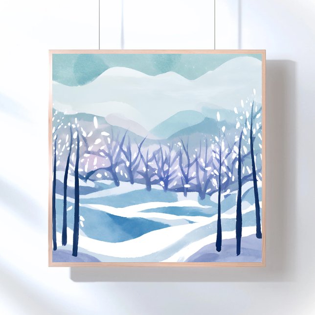 Vinter Wonderland Snowy Blue Watercolor Painting Poster (Skapare uppladdad)