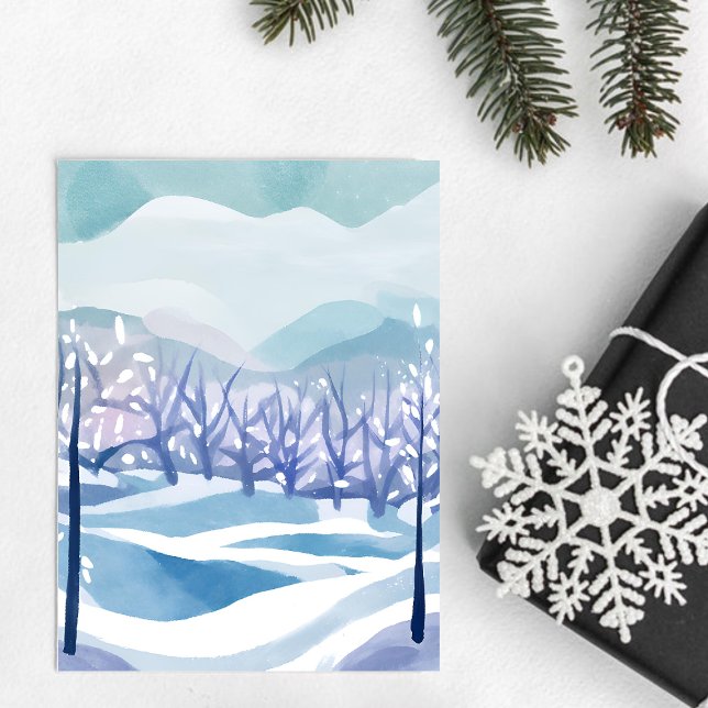 Vinter Wonderland Snowy Blue Watercolor Painting Vykort (Skapare uppladdad)