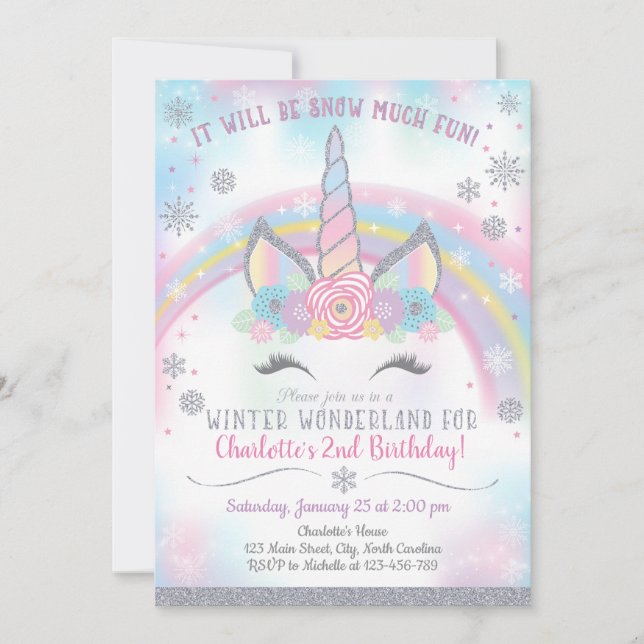 Vinter Wonderland Unicorn Birthday-inbjudan Inbjudningar (Framsida)
