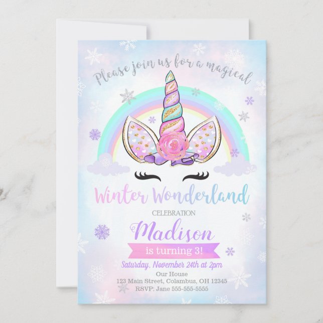 Vinter Wonderland Unicorn Birthday-inbjudan Inbjudningar (Framsida)