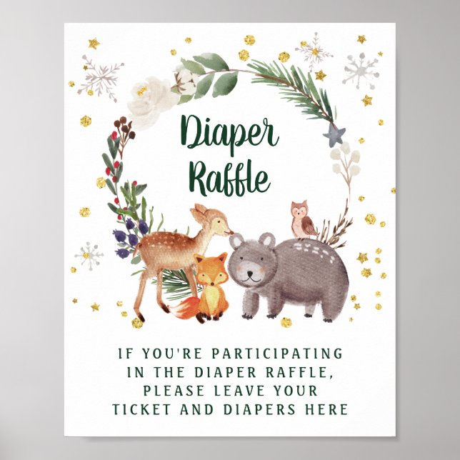 Vinter Woodland Animals Baby Shower Diaper Raffle Poster (Framsidan)