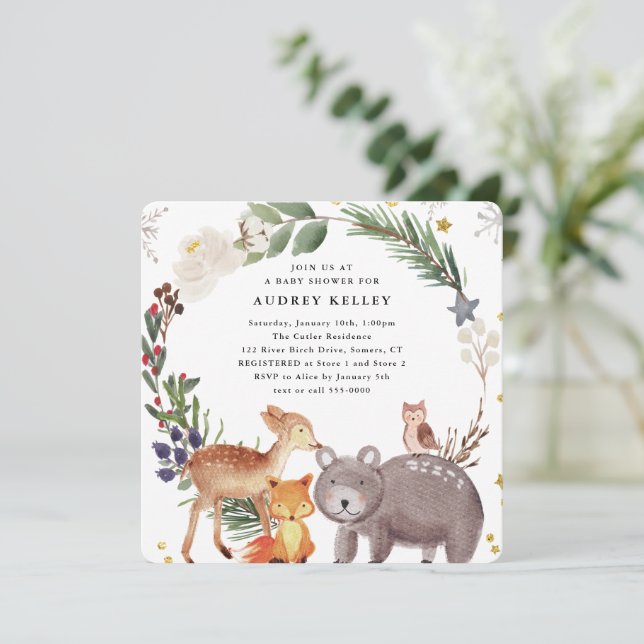 Vinter Woodland Animals Baby Shower Square Inbjudningar (Stående Fram)