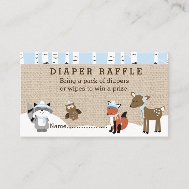 Vinter Woodland Animals Diaper Raffle Cards Blue Tilläggskort (Framsida)