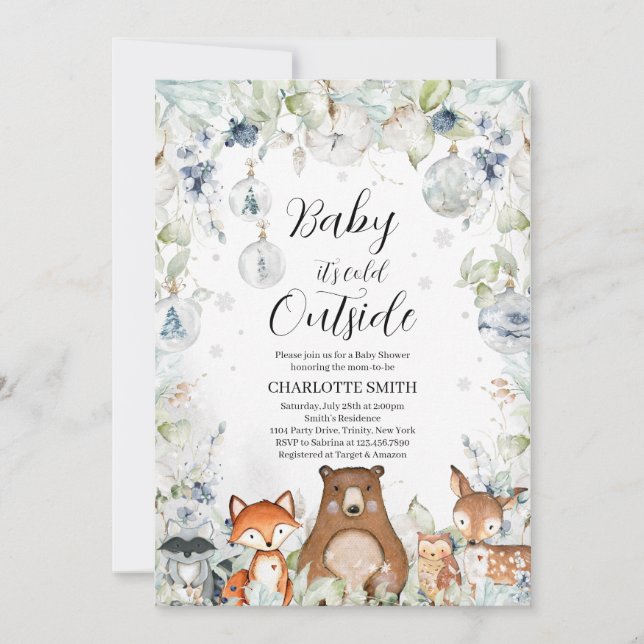 Vinter Woodland Baby Shower Inbjudningar (Framsida)