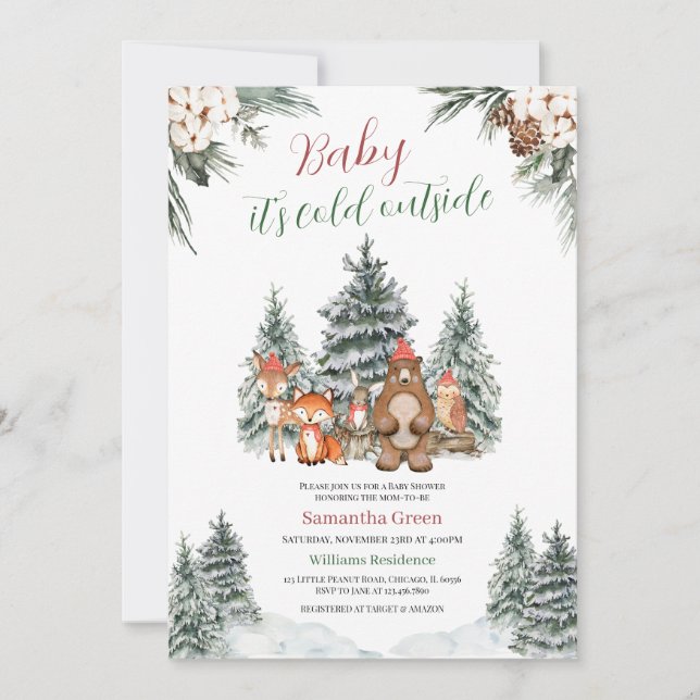 Vinter Woodland Baby Shower Inbjudningar (Framsida)