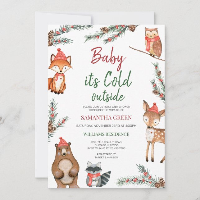 Vinter Woodland Baby Shower Inbjudningar (Framsida)