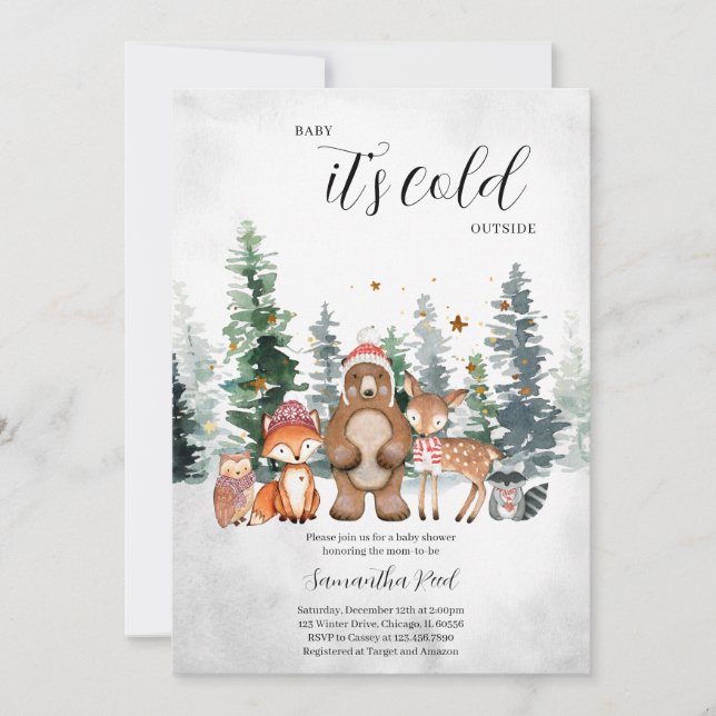 Vinter Woodland Baby Shower Inbjudningar (Framsida)