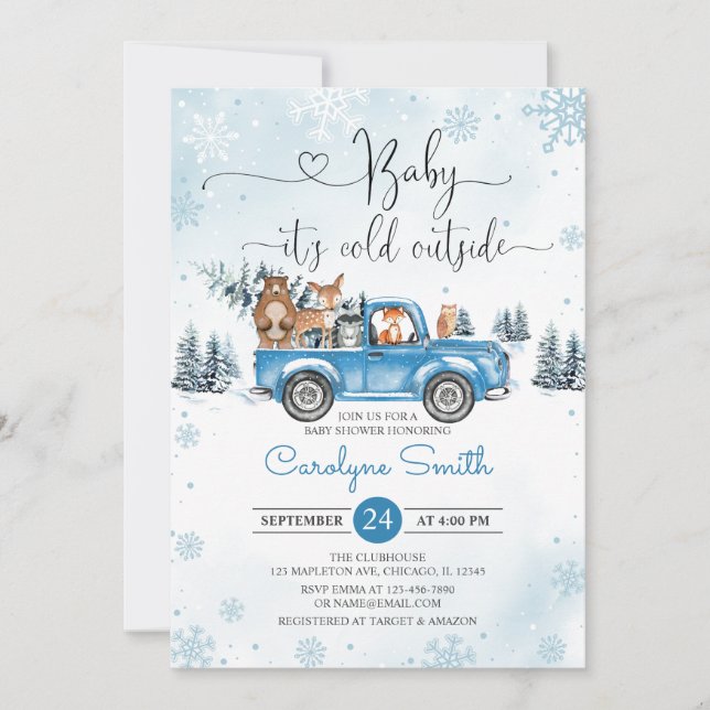 Vinter Woodland Blue Lastbil Baby Shower Inbjudningar (Framsida)