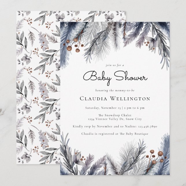 Vinter Woodland Foliage Watercolor Baby Shower Inbjudningar (Fram/baksida)