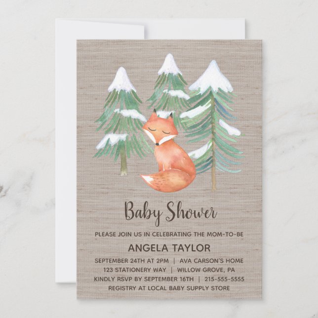 Vinter Woodland Fox Baby Shower Inbjudningar (Framsida)