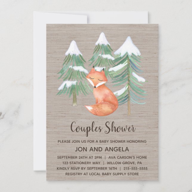 Vinter Woodland Fox Par Baby Shower Inbjudningar (Framsida)
