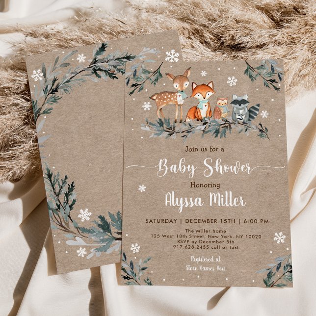Vinter Woodland Greenery Snowflake Baby Shower Inbjudningar (Skapare uppladdad)
