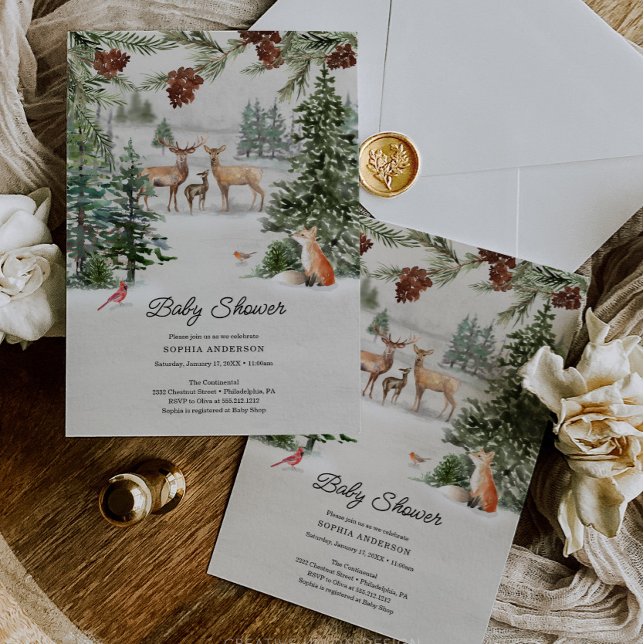 Vinter Woodland Wonderland Baby Shower Inbjudningar (Winter boho woodland baby shower)