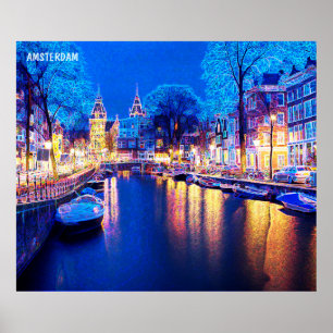 VinterAmsterdam kanal på natten med fartyg Poster