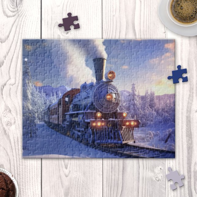 Vinterånga Tåg Locomotive jul Puzzle Pussel (Puzzle featuring a steam train locomotive in a snow covered winter landscape at sunset)