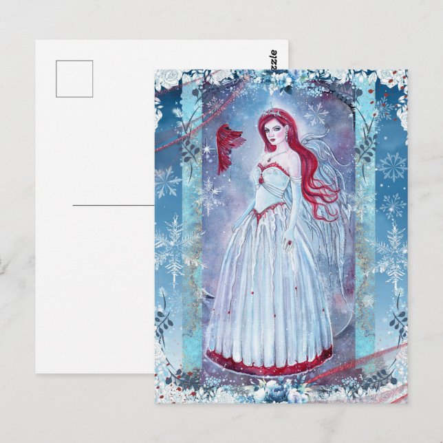 Vinterängel med kardinal fantasykonst vykort (Fram/baksida)