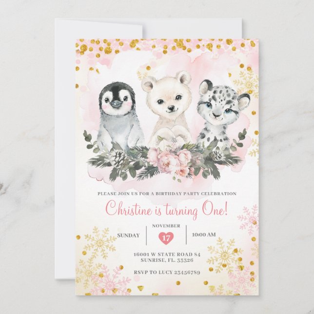 Vinterarktiska djur Första flickans födelsedag Inbjudningar (Framsida)