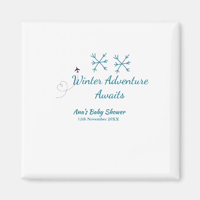 Vinteräventyr väntar baby shower blå snöflinga magnet (Framsidan)