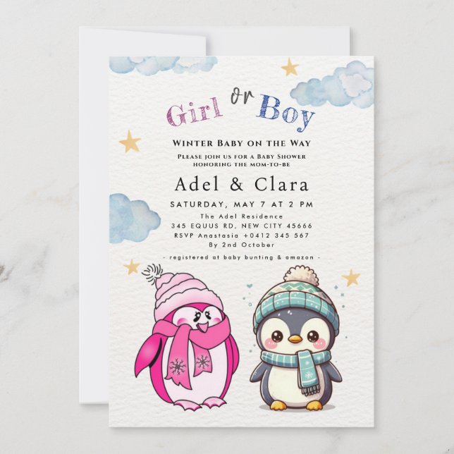 Vinterbaby på väg Vinter Pingvin Baby Shower Inbjudningar (Framsida)