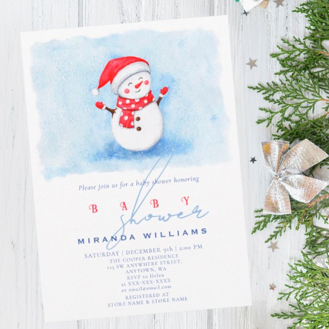Vinterbabydusch Cute Little Snögubbe Watercolor Inbjudningar (I wish you happiness))))