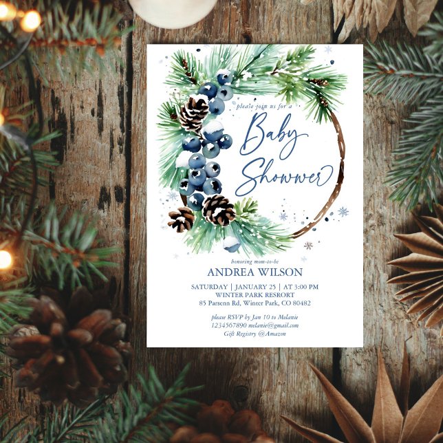 Vinterbabydusch snöning med gräs, andningsdammblåt inbjudningar (Winter baby shower snowy pine wreath editable template invitation digital download  dusty blue )