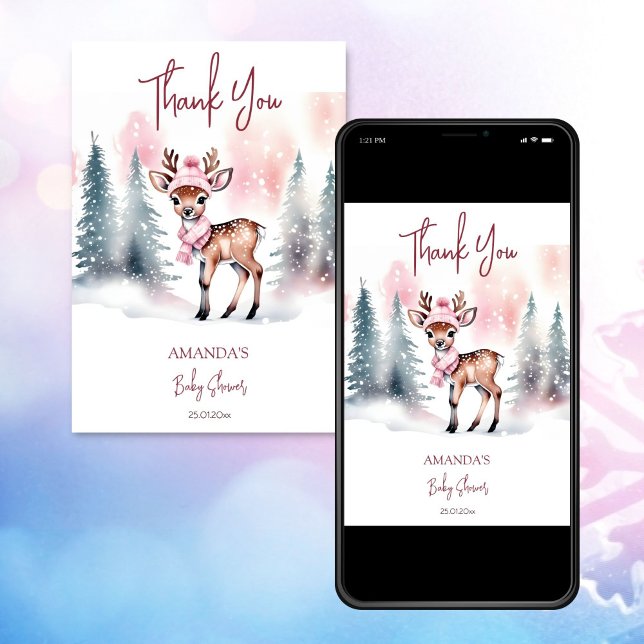 Vinterbabydusch, söt hjort rosa tack inbjudningar (Winter baby shower cute deer pink thank you card editable template digital download  baby it's cold)