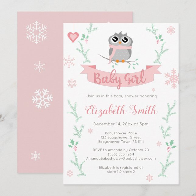 Vinterbabyduschen Cute uggla flicka Inbjudningar (Fram/baksida)