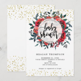 Vinterbabyduschinbjudan blommigt guld glitter inbjudningar