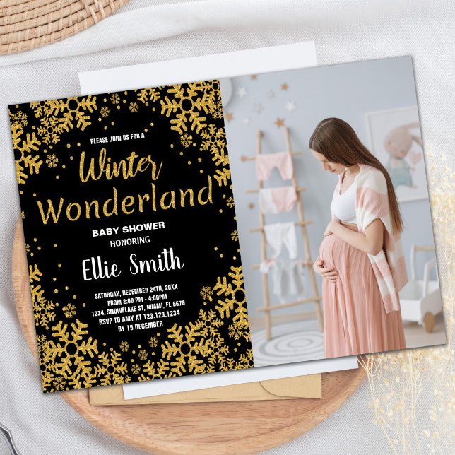 Vinterbabyskor - inbjudan Golden Black Photo (Winter Baby Shower Invitations Golden Black Photo)