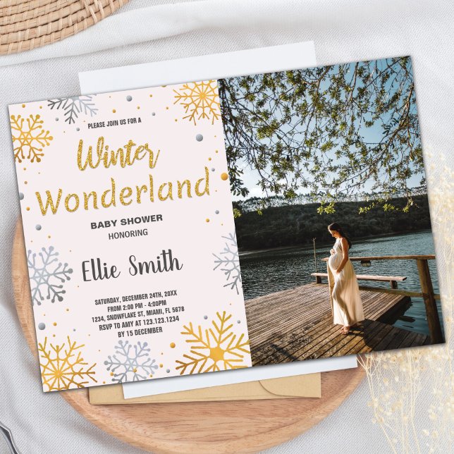 Vinterbabyskor - inbjudan Golden Snö Photo (Winter Baby Shower Invitations Golden Snow Photo)