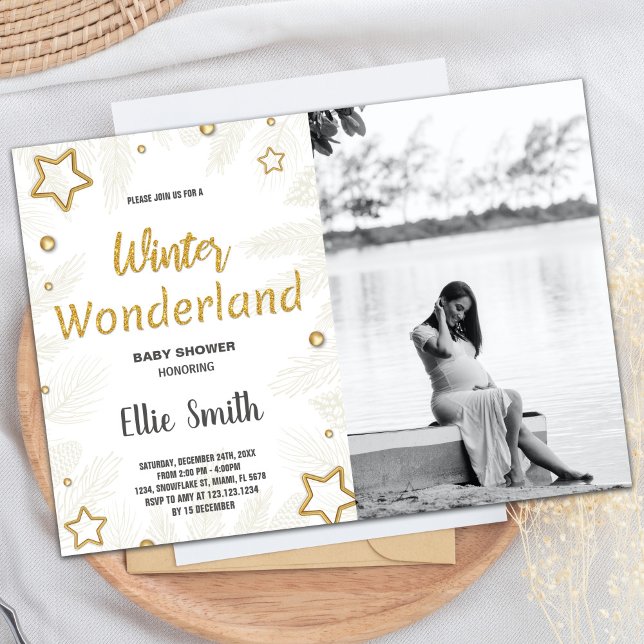 Vinterbabyskor - inbjudan Golden Star Photo (Winter Baby Shower Invitations Golden Star Photo)