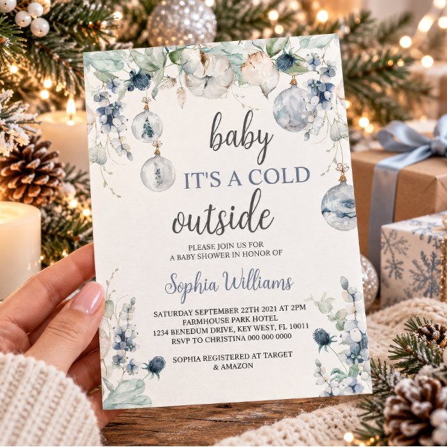 Vinterbarn Det är kallt ute dusch inbjudan (Baby It’s a Cold Outside Winter Baby Shower Invitation, dusty blue thistle, eucalyptus, ornaments)