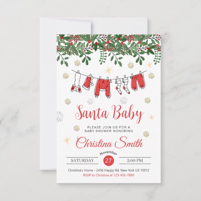Vinterbebisdusch för Santa Baby Cute Guld Snöfling Inbjudningar (Framsida)