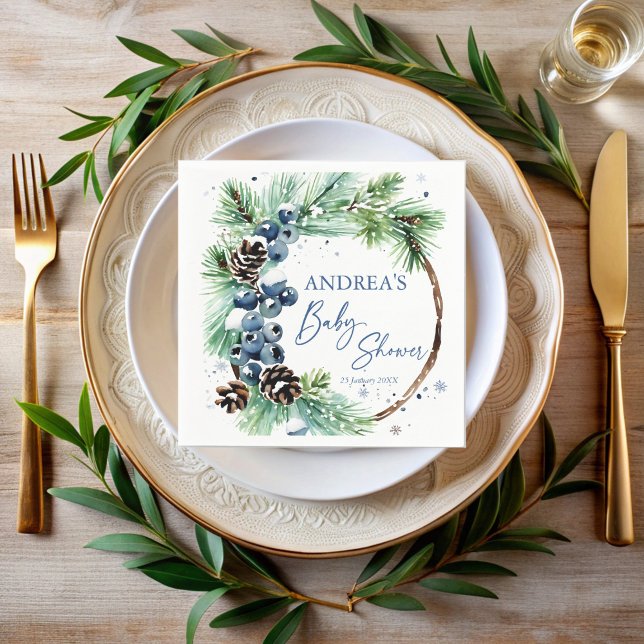 Vinterbebisdusch tallkrans monogram pappersservett (Winter baby shower pines pinecones wreath monogrammed printed napkins personalized decor)