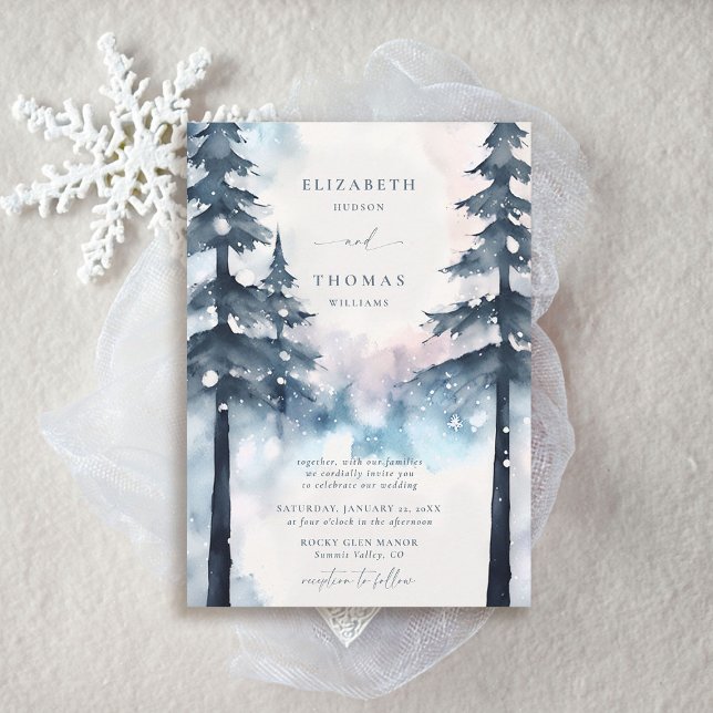 Vinterbergen Snö Gräs Träd Elegant bröllop Inbjudningar (winter wedding invitations rustic elegant chic mountains smoky blue silver snow pine trees forest)