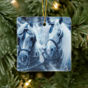 Vinterbilsfoto för vackert Horse Team Julgransprydnad Keramik
