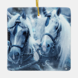 Vinterbilsfoto för vackert Horse Team Julgransprydnad Keramik