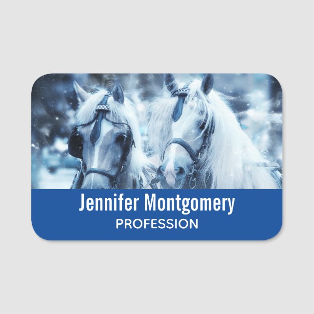 Vinterbilsfoto för vackert Horse Team Namnbricka (Framsida)