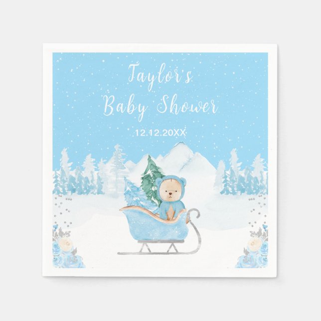 Vinterbjörn Blå Släd Babyshower Pappersservett (Framsidan)