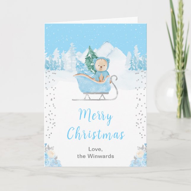 Vinterbjörn Blå Släde God Jul Helgkort (Framsida)
