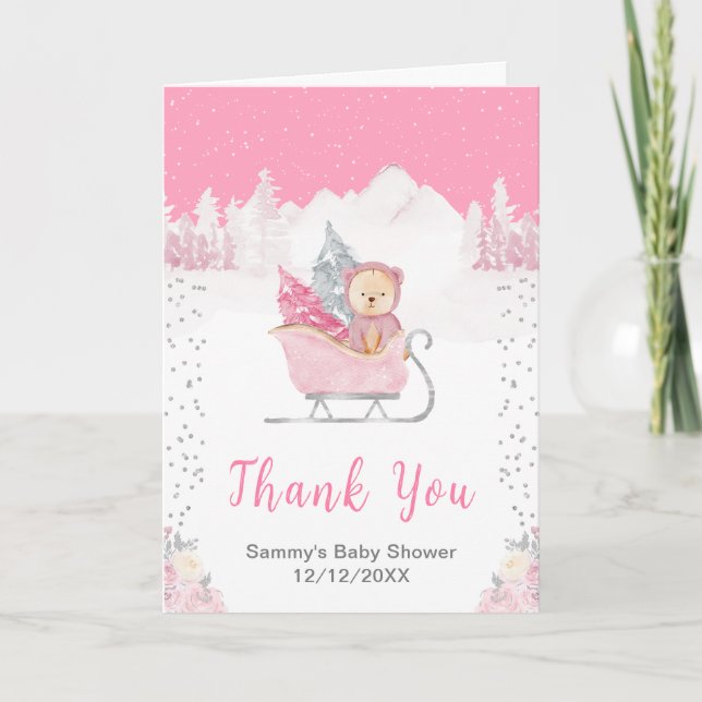 Vinterbjörn Rosa Släd Baby Shower Tackkort (Framsida)