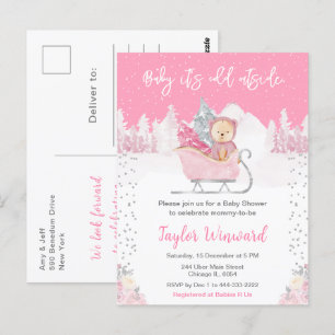 Vinterbjörn Rosa Släd Babyfirande Vykort