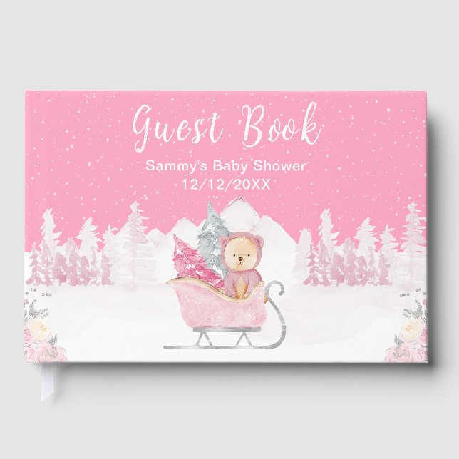 Vinterbjörn Rosa släde Baby Shower Gästböcker (Framsida)