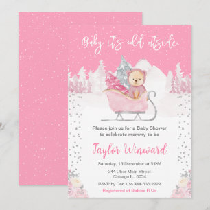 Vinterbjörn Rosa släde Baby Shower Inbjudningar