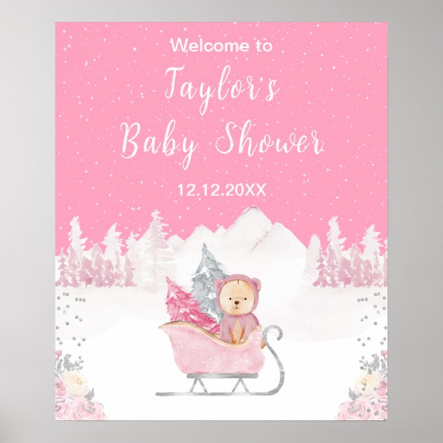 Vinterbjörn Rosa släde Baby Shower Välkommen Poster (Framsidan)